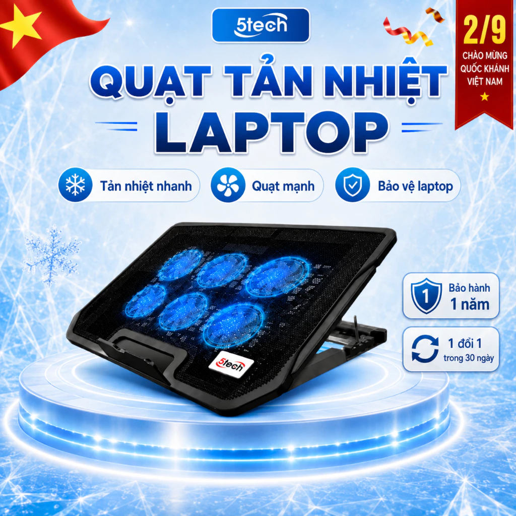 Quạt tản nhiệt laptop 5TECH, đế tản nhiệt 6 quạt và 3 quạt, làm mát laptop, thổi mạnh, chạy êm