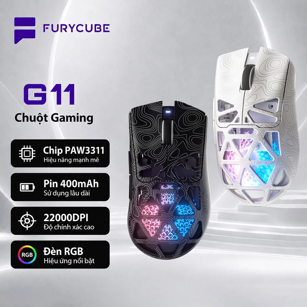 Chuột Gaming Không Dây FURYCUBE G11 2.4G Bluetooth Type-c 22000 DPI PAW3311 văn phòng RGB LED
