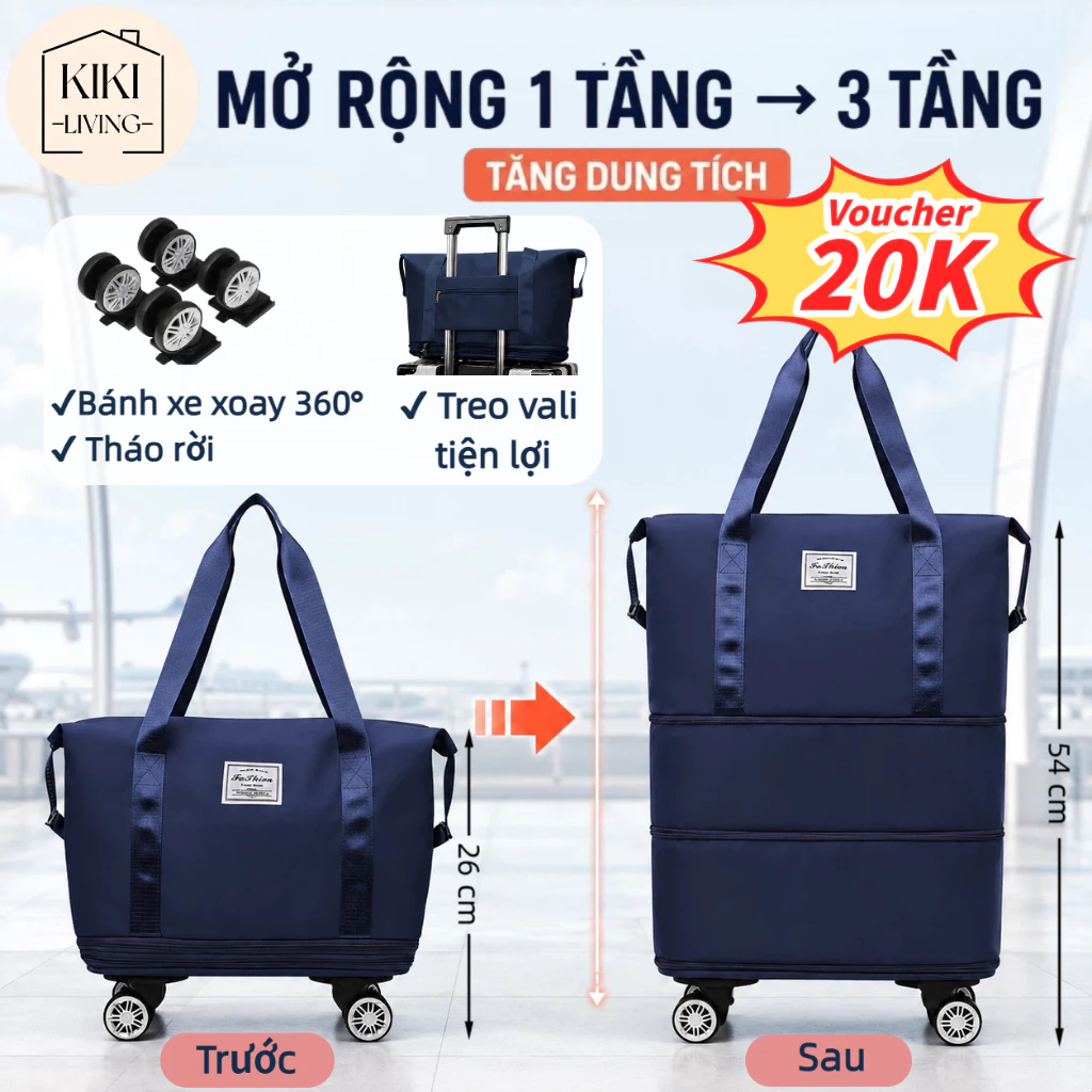 Túi du lịch có bánh xe mở rộng – Sức chứa lớn, gấp gọn, bánh xe xoay 360, chất liệu oxford chống thấm nước