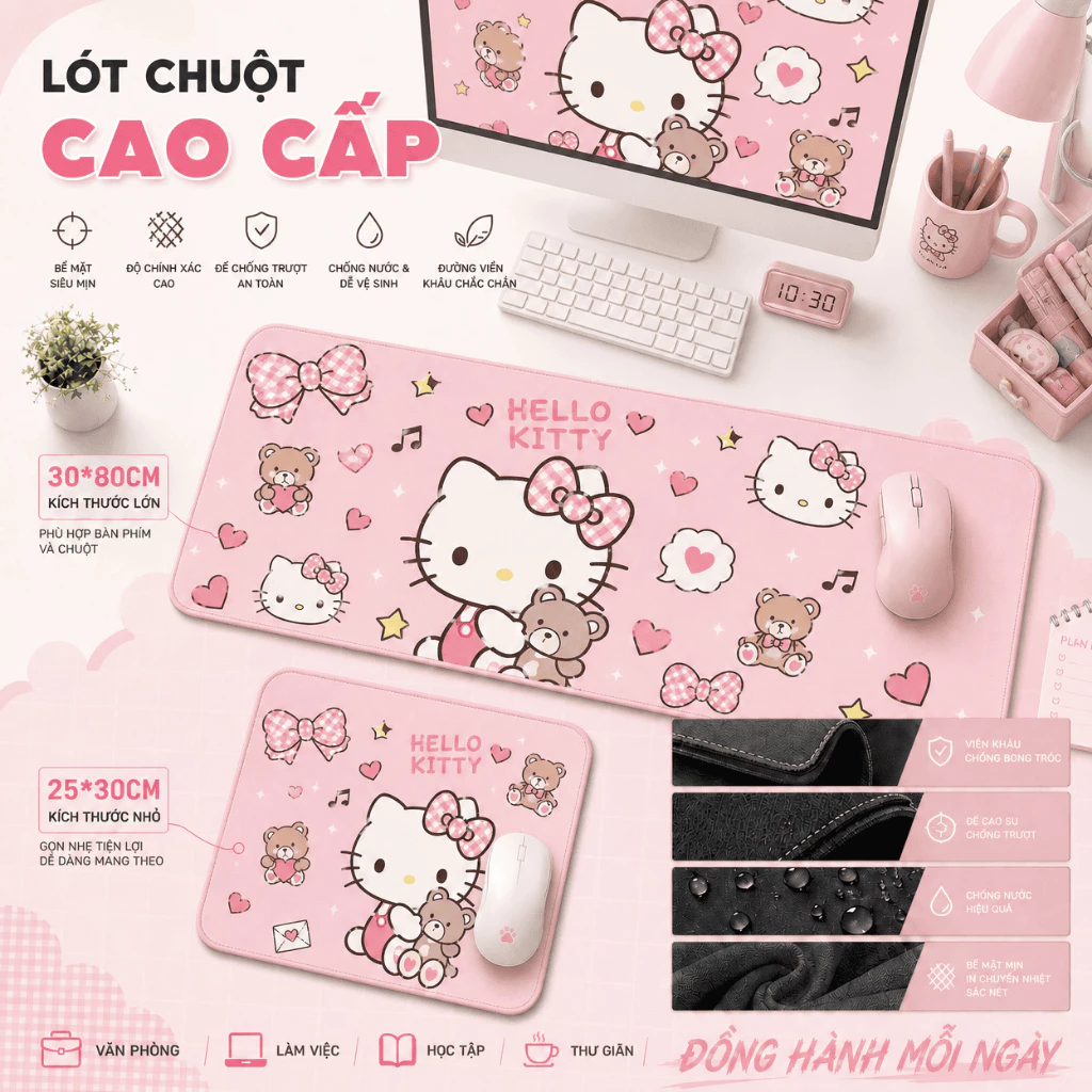 Lót chuột Hello Kitty đáng yêu, màu hồng ngọt ngào, chống trơn, cho bé gái & bạn gái, size 80*30 & 25*30.