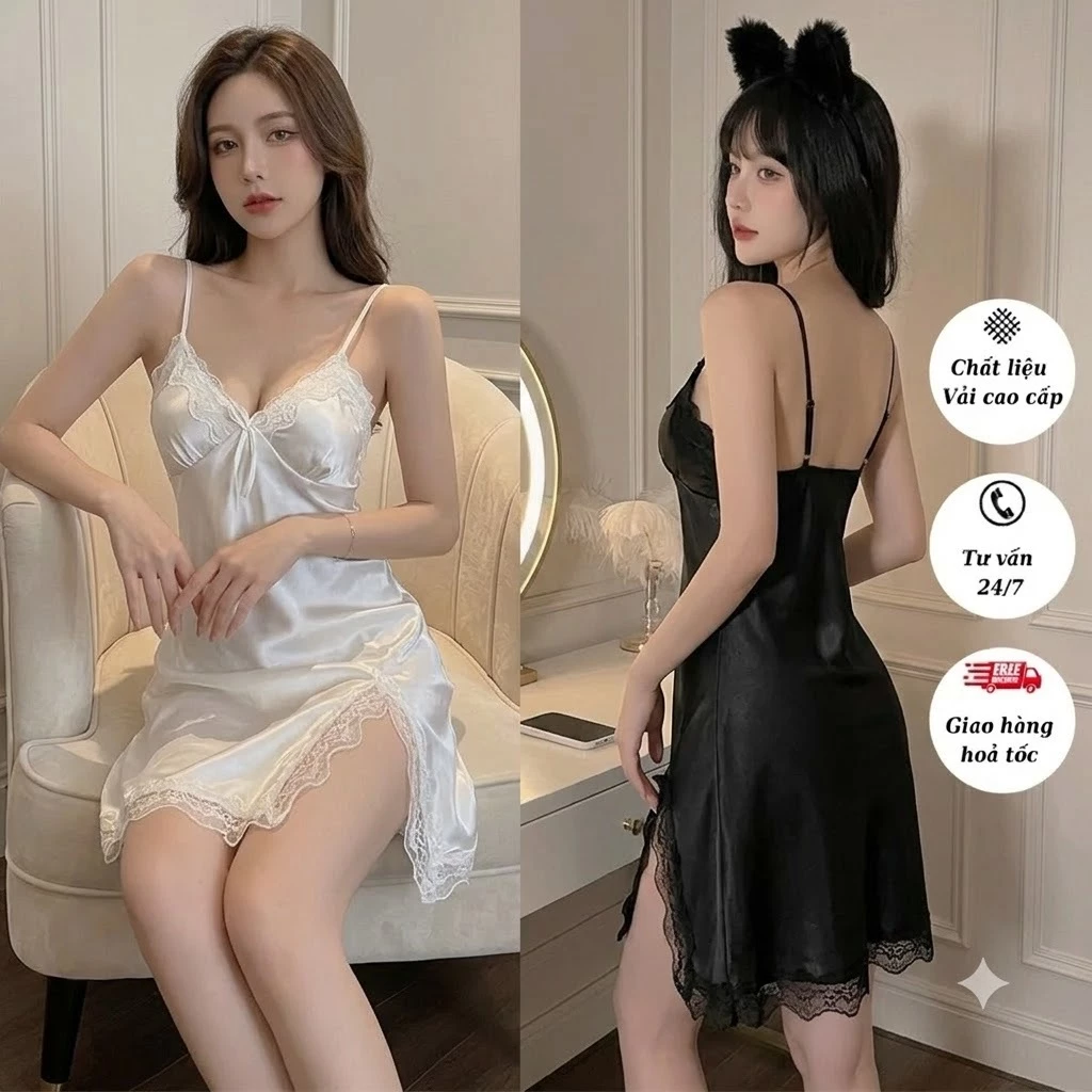 Váy lụa phối ren C29 Đồ ngủ 2 dây Vải Lụa Lạnh Mỏng Màu Sắc Ngọt Ngào Thời Trang Mùa Hè Quyến Rũ Cho Nữ