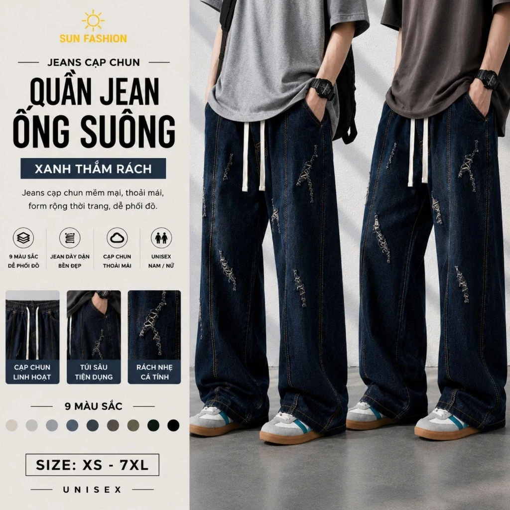 Quần jean nam nữ ống rộng bigsize SUN 09 XANH THẪM RÁCH vải jean mềm mại thoải mái, phù hợp với mọi lứa tuổi