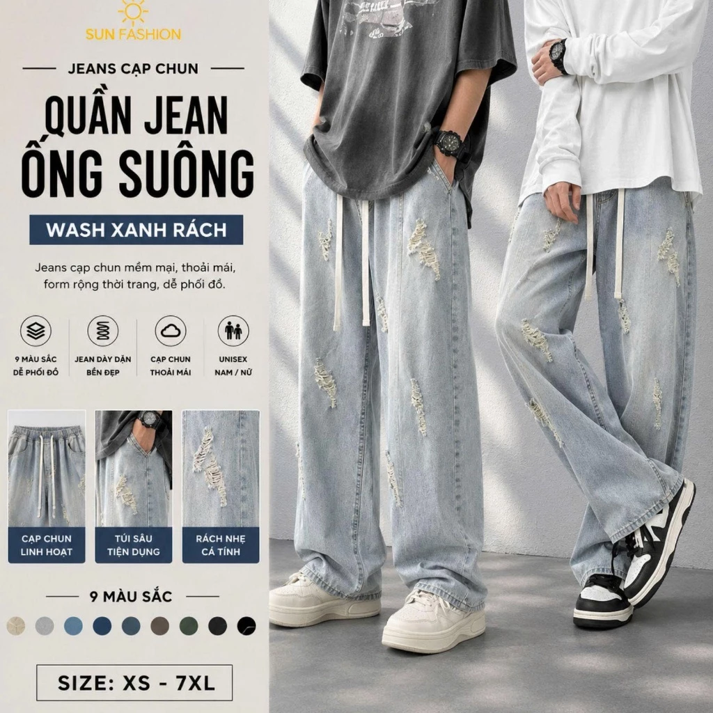 Quần Jean Ống Rộng SUN 09 WASH XANH RÁCH Nam Nữ BIGSIZE Form Đẹp Vải Mềm Dễ Mặc