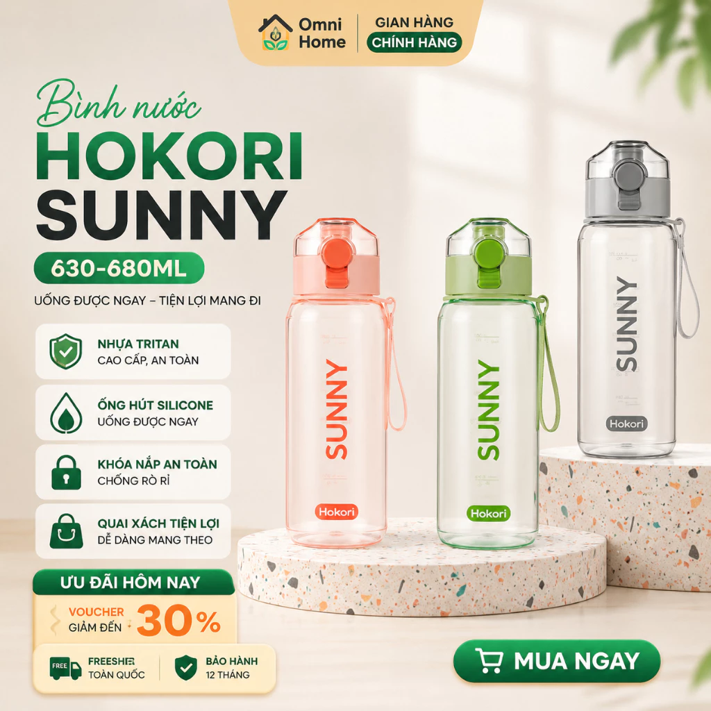 Bình nước Hokori Sunny nhựa cao cấp 630-680ml