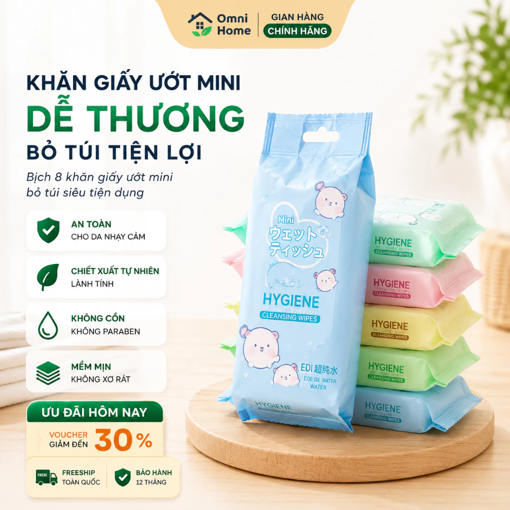 Khăn Giấy Ướt Mini Dễ Thương Bỏ Túi Tiện Lợi. Bịch 8 khăn giấy ướt mini bỏ túi siêu tiện dụng