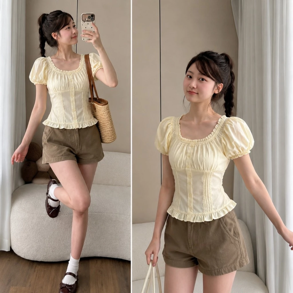 Áo Croptop Trễ Vai Tay Bồng Đính Cúc Nữ, Áo Kiểu Cổ Vuông Hở Vai Mặc 2 Kiểu Form Fit Phong Cách Tiểu Thư Hàn Quốc