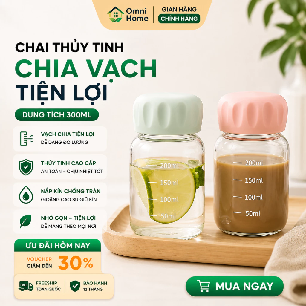Chai thuỷ tinh đựng đồ uống 300ml kèm vạch chia tiện lợi, combo 2 chai