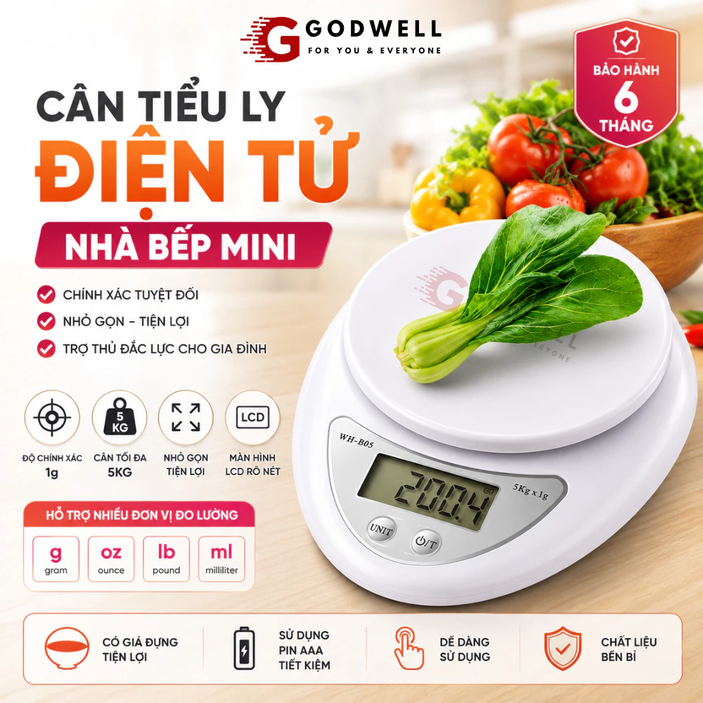 Cân Điện Tử Nhà Bếp B05 5-10kg, Cân Tiểu Ly Điện Tử Siêu Chính Xác Tích Hợp Trừ Bì [Tặng 2 Pin AAA]