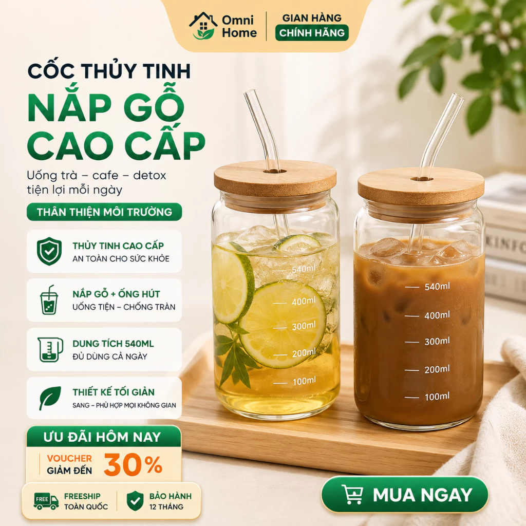 Cốc Thủy Tinh Nắp Gỗ Kèm Ống Hút 540ml – Ly Uống Trà Sữa, Cafe, Detox Cao Cấp, Thân Thiện Môi Trường