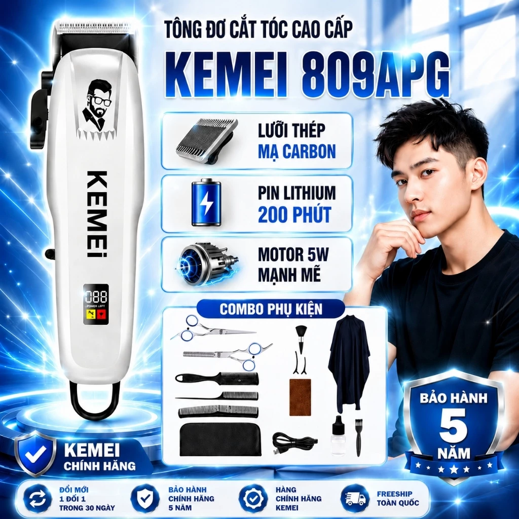 Tông Đơ Cắt Tóc Nam Kemei 809APG, Tăng Đơ Cắt Tóc Gia Đình Cao Cấp Pin Sạc Tiện Lợi Và An Toàn