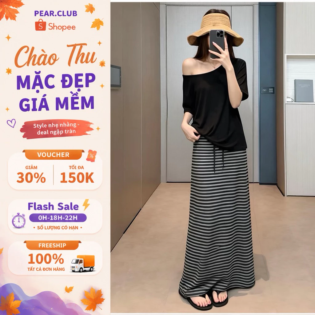 Chân Váy Thun Dài Sọc Ngang PEAR.CLUB, Váy Xòe Chữ A Cạp Chun Co Giãn Đi Chơi Đi Làm Phong Cách Hàn Quốc  V05