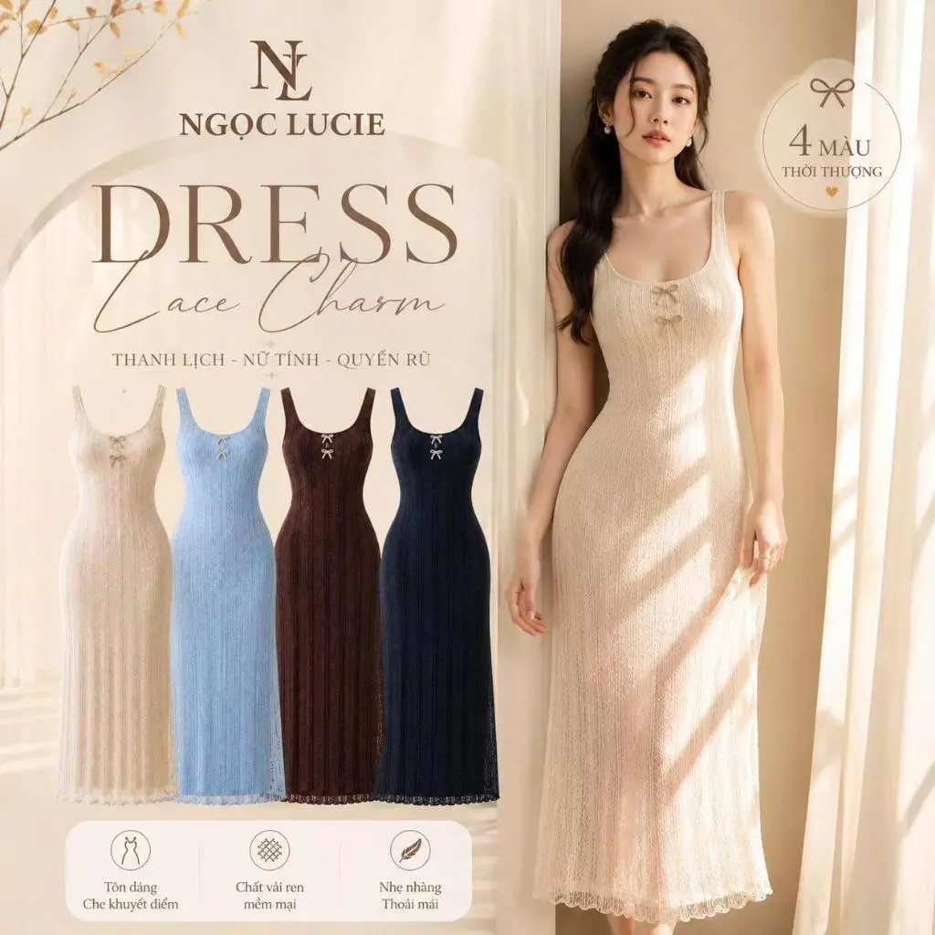 D1117 - Đầm Hai Dây Gân Dệt Cổ U Nơ Đôi Ôm Dáng Dài Thanh Lịch Ngọc Lucie