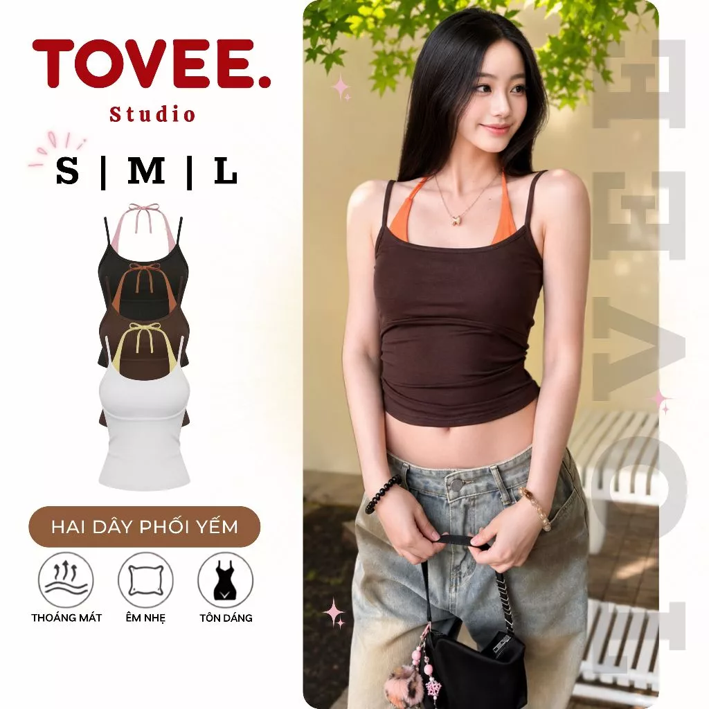 (MỞ BÁN) Áo HAI DÂY PHỐI CỔ YẾM chất thun borip lụa DD35, Áo Thun Dây Thắt Mix Màu Ôm Body TOVEE