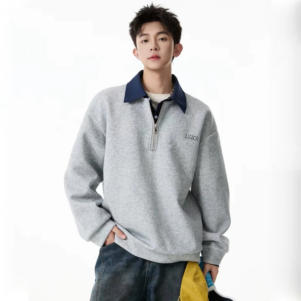 Áo Sweater Nỉ LSZCS Cổ Bẻ Sơ Mi Unisex Form Rộng Phối Layer – Áo Swearshirt Polo Khóa Kéo Half Zip Nam Nữ Oversize
