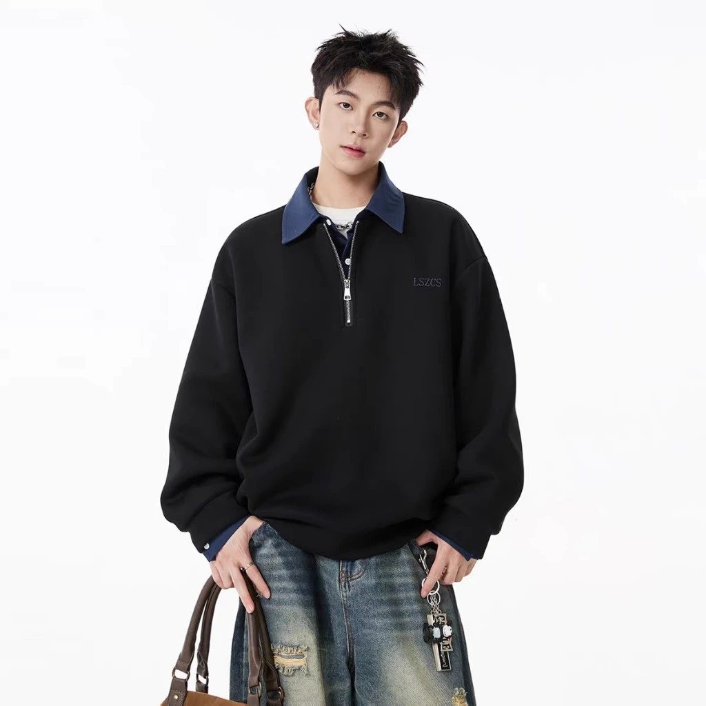 Áo Sweater Nỉ LSZCS Cổ Bẻ Sơ Mi FKZ Unisex Form Rộng Phối Layer – Áo Swearshirt Polo Khóa Kéo Half Zip Nam Nữ Oversize