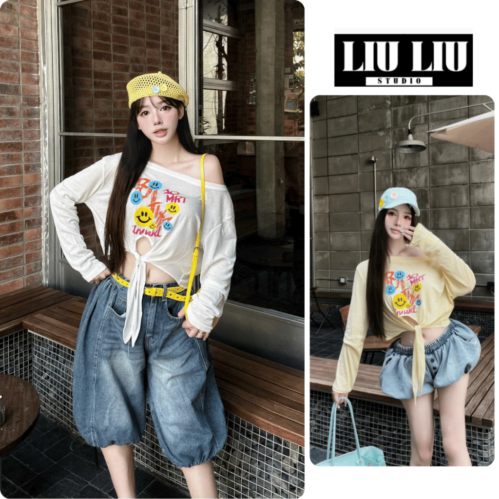 Áo thun giấy nữ tay dài LIULIU STUDIO áo buộc nơ eo họa tiết mặt cười form rộng phong cách trẻ trung trắng vàng L55