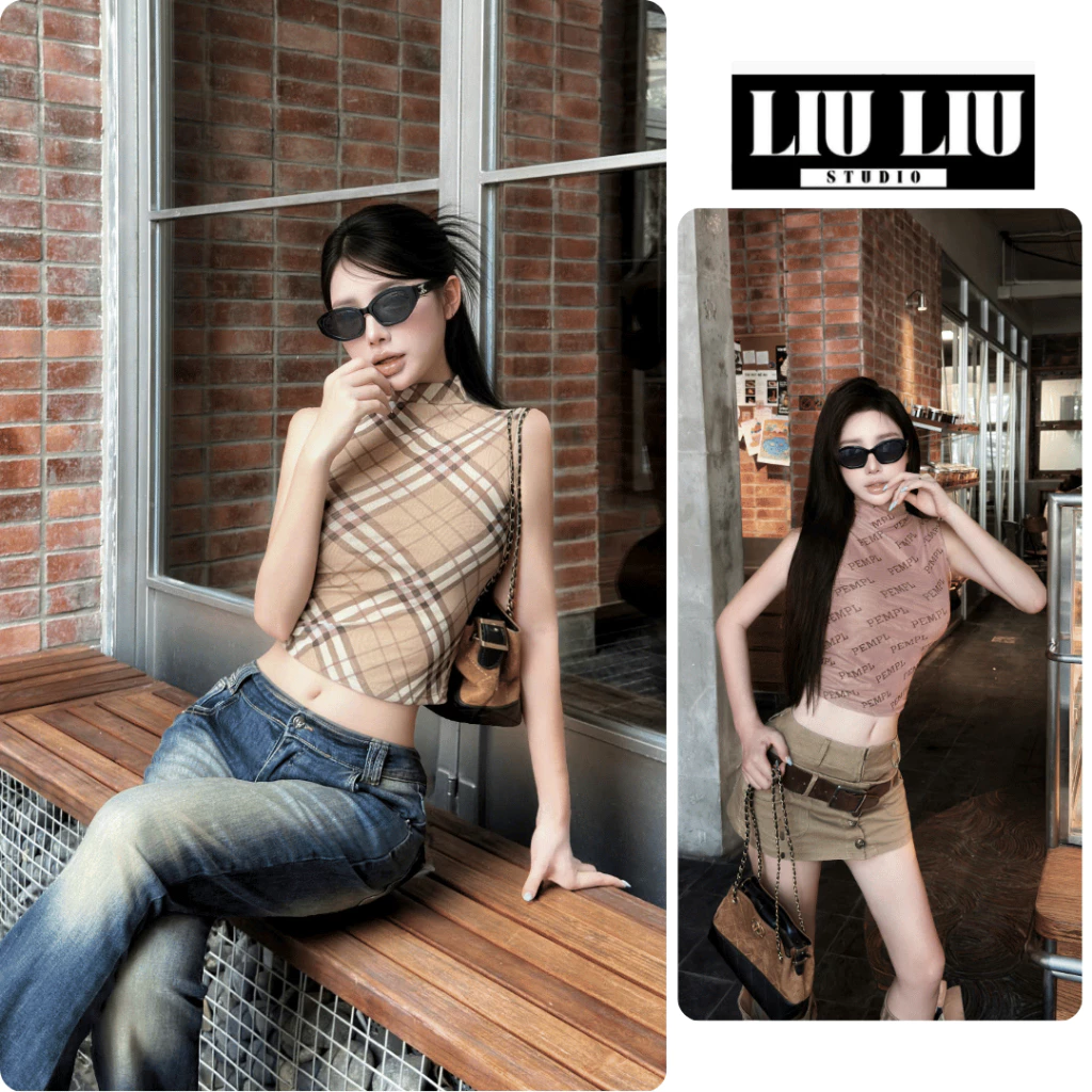 Áo croptop nữ sát nách LIULIU STUDIO cổ cao ôm, áo ba lỗ dáng họa tiết sọc chữ phong cách y2k cá tính thời trang L57