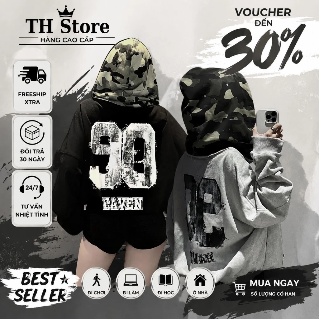 Áo hoodie nữ form rộng ,Áo hoodies in số 90 phối nón camo rằn ri chất vải dày dặn bền đẹp hàng cao cấp