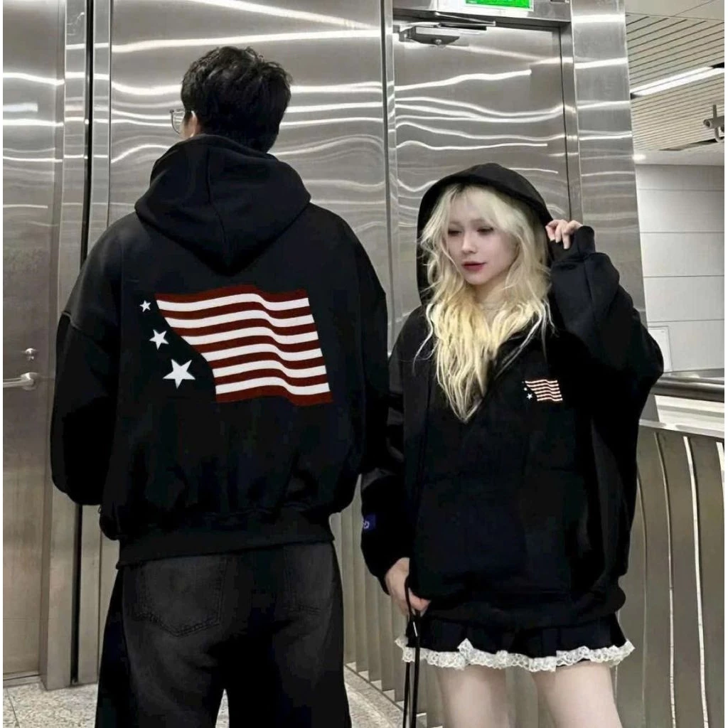 Áo Khoác mùa Thu Hoodie Zip Cờ Mỹ Đen_Áo Khoác Boxy in Chữ Nổi Kiểu Unisex From Rộng Cotton Nỉ Bông