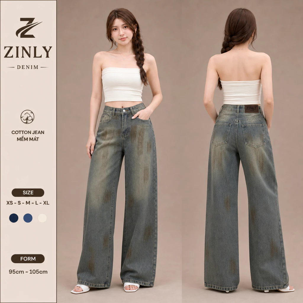 Quần Jean Nữ Ống Suông Cạp Cao Thời Trang Phối Sơn Kiểu Mới 2026 Có Fom 95 Và 105cm Cotton Mát Không Co Giãn Q465