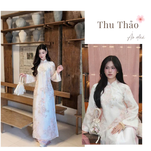 Áo Dài Thu Thảo, Áo Dài Hồng Nhã Chất Liệu Tơ Thêu Hoa Nổi Hai Lớp 4 Tà From Xuông  Tay Loe Dài  Đơn Giản