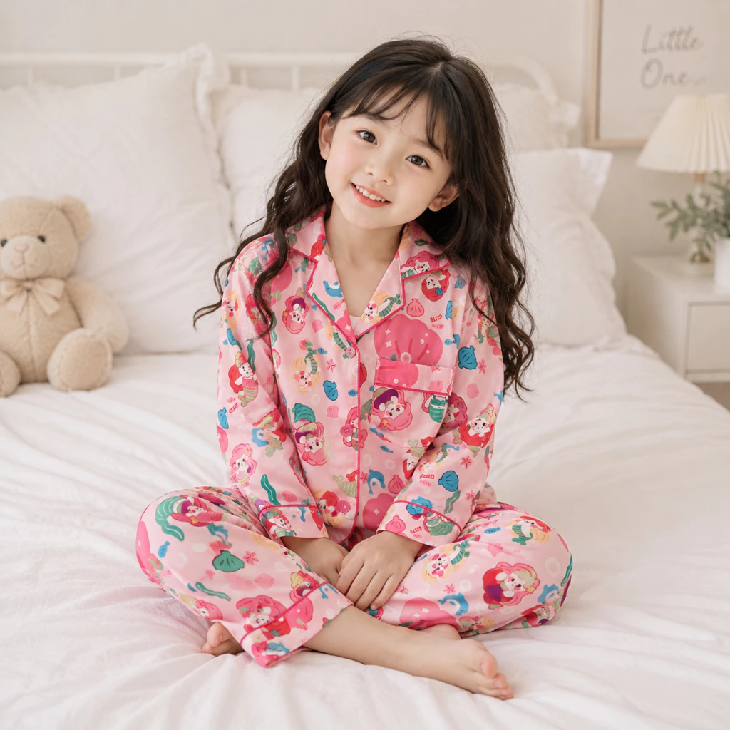 11 đến 50kg Bộ pijama quần áo cho bé gái tay dài hình công chúa cô gái vải lụa latin 16T