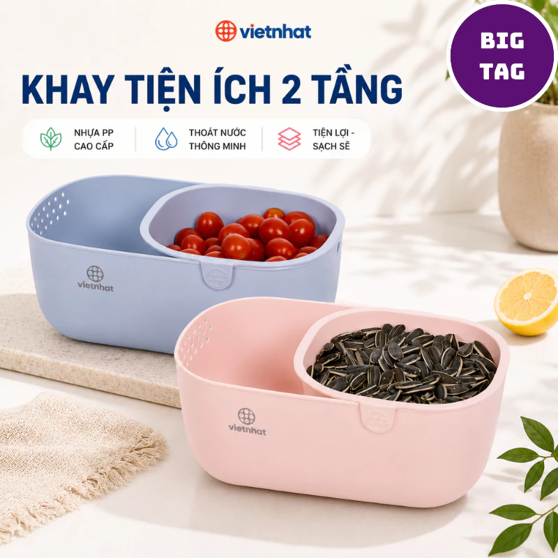 khay 2 tầng bằng nhựa đựng rau củ trái cây thực phẩm khay rửa rau tiện ích 5602
