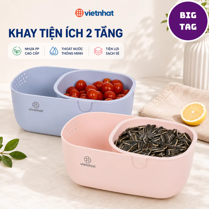 khay nhựa đựng rau củ quả 2 tầng có ngăn ráo nước tiện dụng đa năng 5602