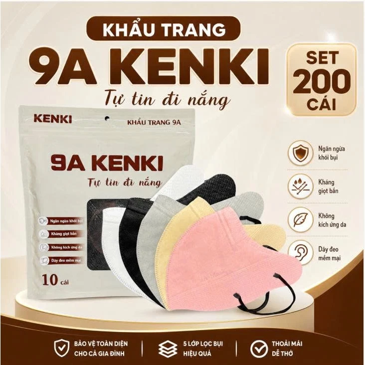 SET 200 Cái Khẩu Trang 9A KENKI chính hãng dày dặn cao cấp, Chống Tia UV