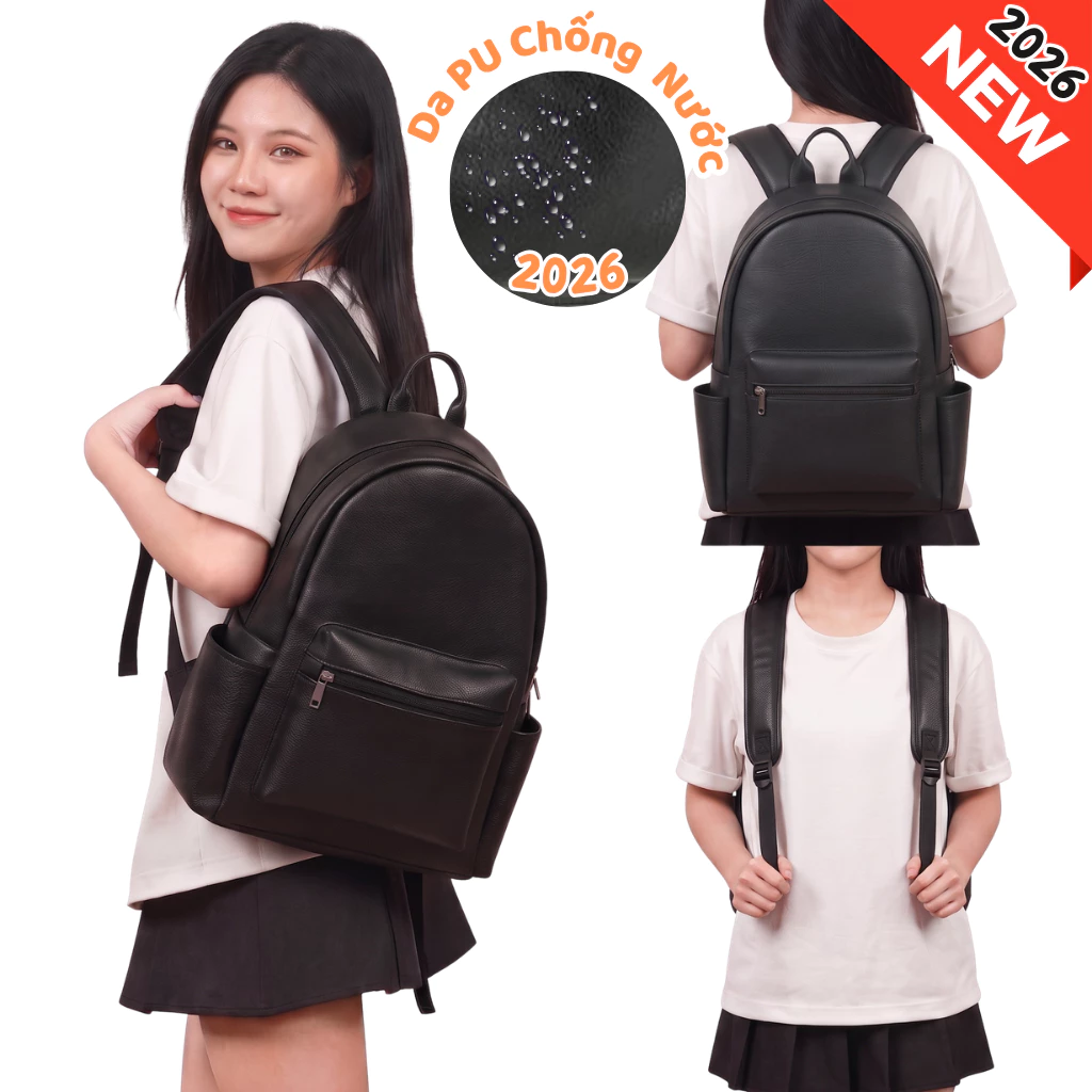 Balo da PU đi học nam nữ chất liệu da PU chống nước balo da nữ basic thời trang Hàn Quốc BL14