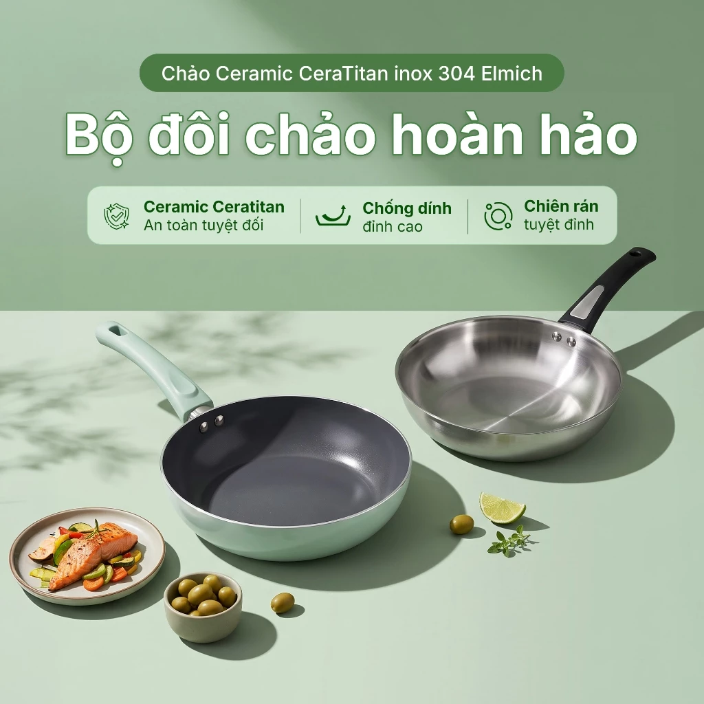 Bộ đôi chảo Ceramic Ceratitan inox 304 Elmich size 24cm
