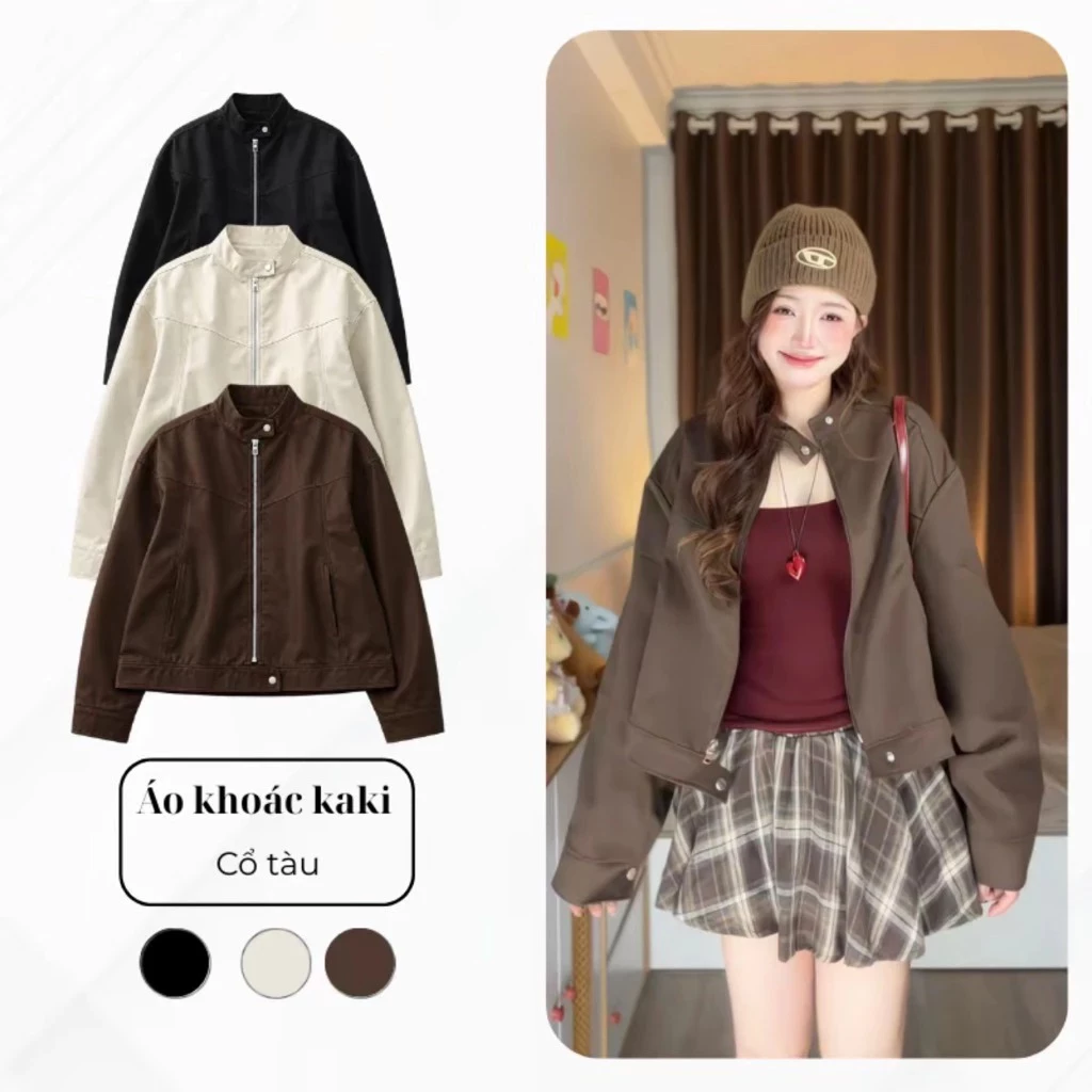 [Hàng Sẵn] Áo Khoác Kaki Cổ Tàu, Áo Khoác Kiểu Dáng Lửng 2 lớp street style A155