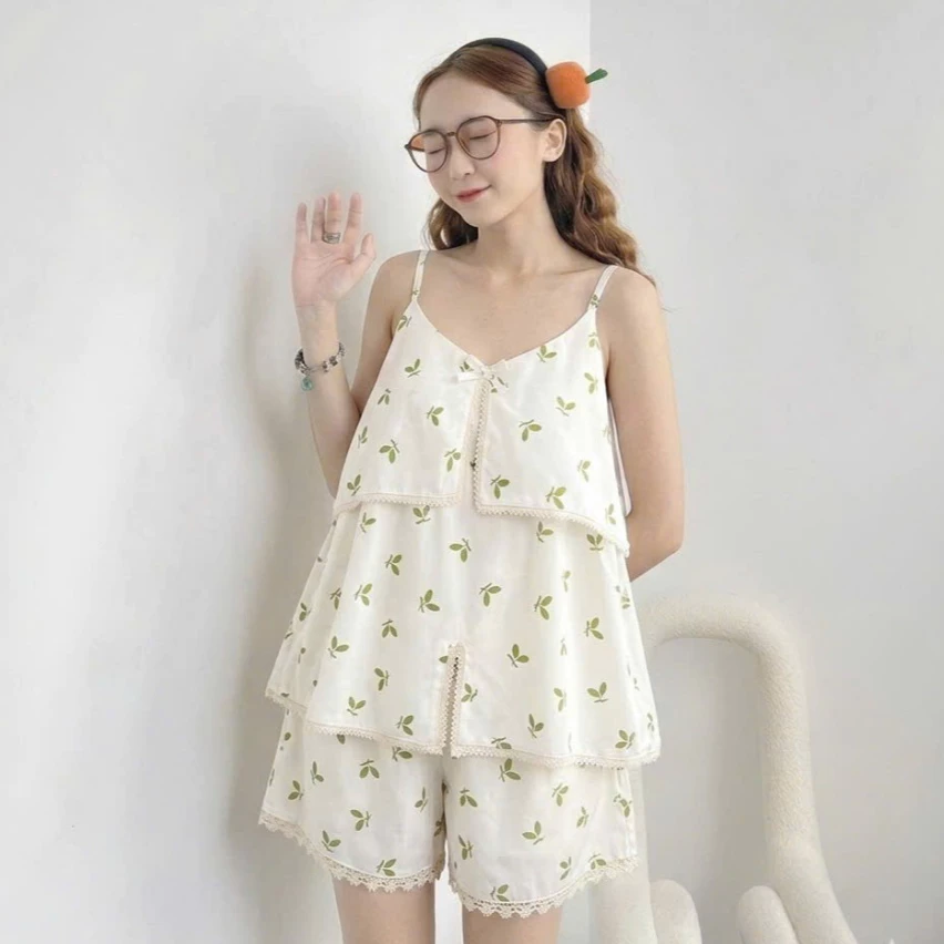 Bộ đồ ngủ nữ áo 2 dây quần ngắn hoa nhí dễ thương mặc ở nhà chất Lụa, Đũi, Tole, Lanh, xô muslin mềm mát ĐBTK