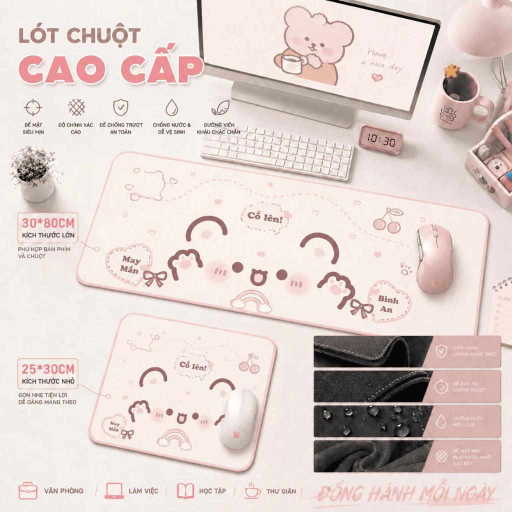 Lót chuột móng mèo hồng, họa tiết dễ thương, chống trơn, cho nữ sinh & học sinh, size 80*30 & 25*30.