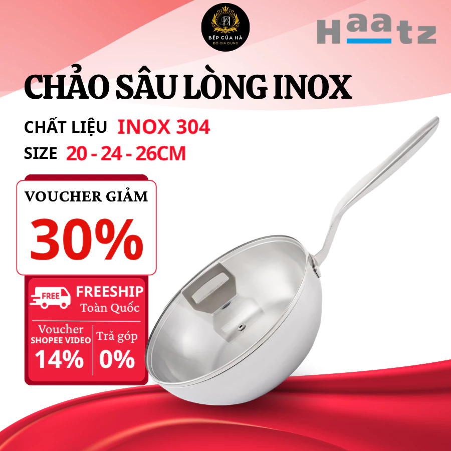 Chảo Sâu Lòng Inox Haatz HYP920V 20cm 24cm 26cm 28cm Inox 316 Chuẩn Y Tế, Tay Cầm Cách Nhiệt - Bếp Của Hà