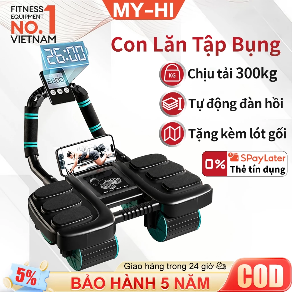 Con Lăn 4 Bánh Tập Bụng, Có trợ lực, Chống đổ, Tặng đồng hồ đếm giờ, Lót gối chân, Giảm mỡ bụng