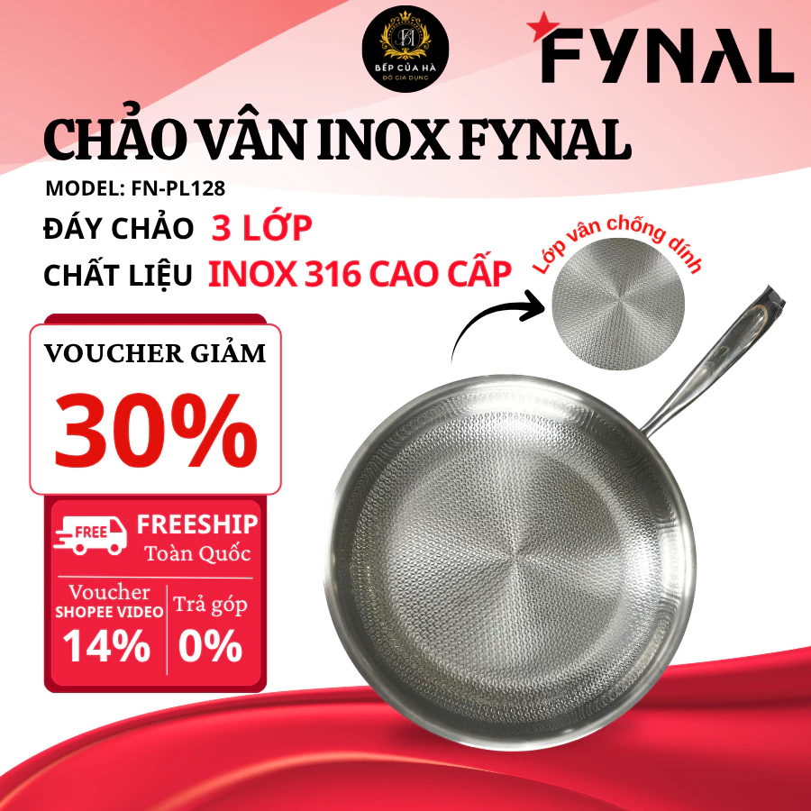 Chảo Vân Inox Fynal Fn-PL128 22cm 28cm Inox 316 Chuẩn Châu Âu, Tay Cầm Chống Nóng Chắc Chắn Dễ Sử Dụng - Bếp Của Hà