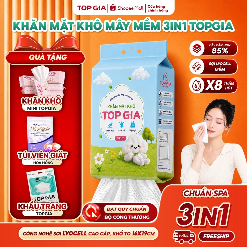 Khăn mặt khô cao cấp Topgia 1 Bịch rút đáy treo tường dịu nhẹ, lành tính cho da tặng móc treo