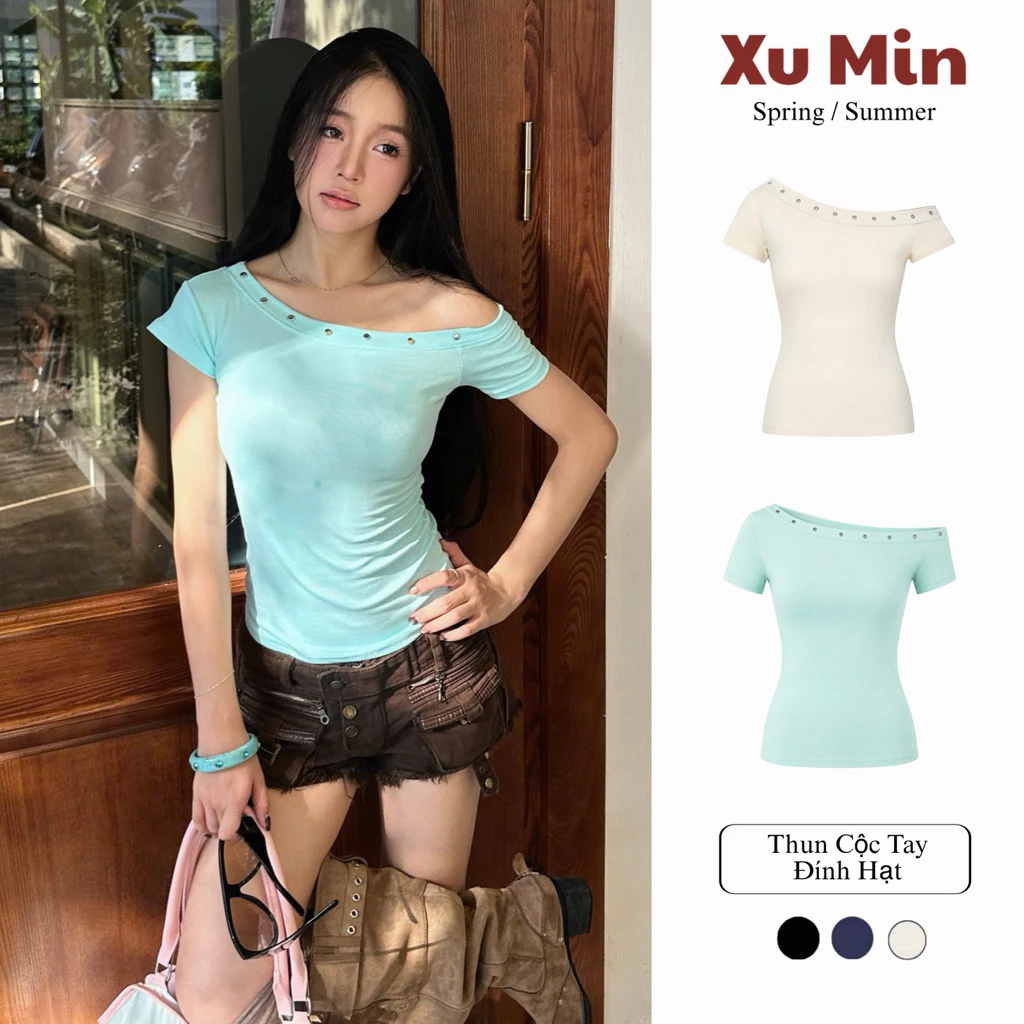 Áo Thun Xu Min Min Cộc Tay Trễ Vai Đính Hạt Chất Cotton Co Giãn ( Thun Trễ Vai Đính Hạt )