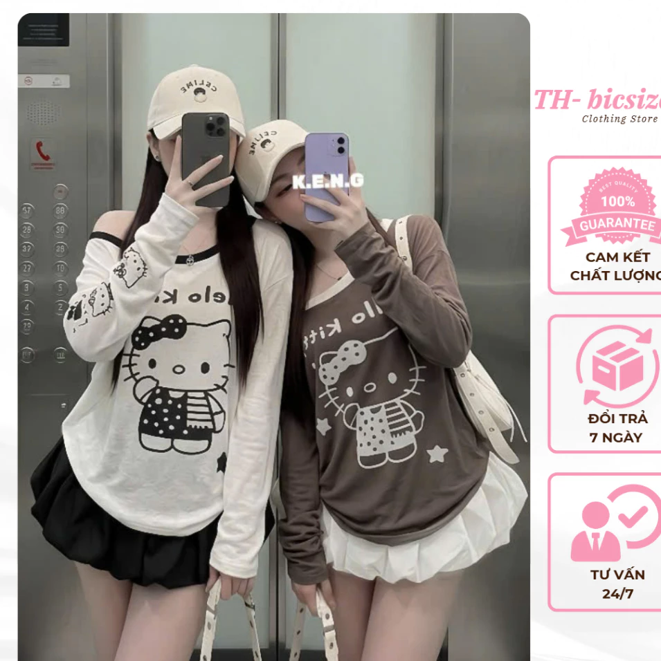 Set áo thun cotton thô dài tay trễ vai in hình mèo hello kitty mix chân váy thô 2 lớp