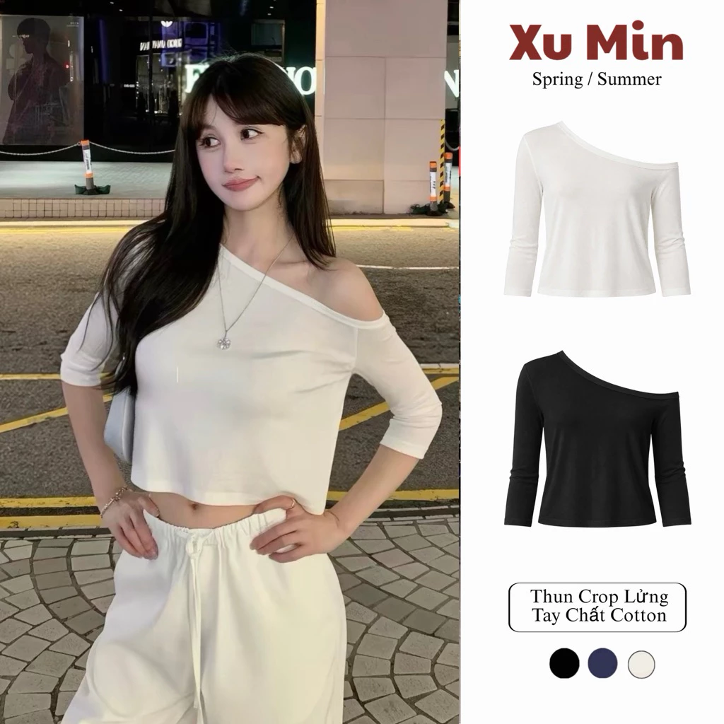 Áo Thun Xu Min Min Crop Lưng Tay Chất Cotton Mùa Xuân Hè Màu Trắng & Đen ( Thun Trễ Vai Crop Lửng Tay )
