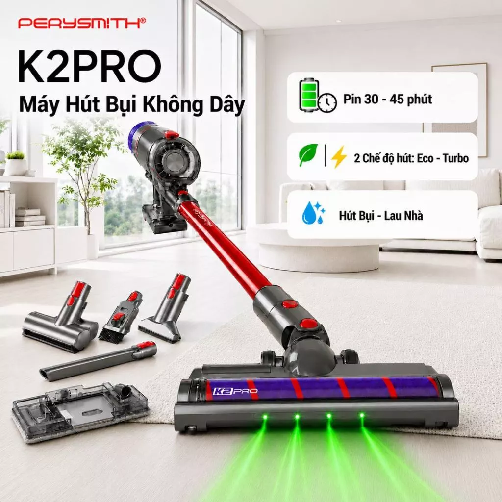 [N] Máy Hút Bụi Không Dây PerySmith K2PRO Lực Hút 28.000Pa Hepa 3 Tầng Không Chổi Than