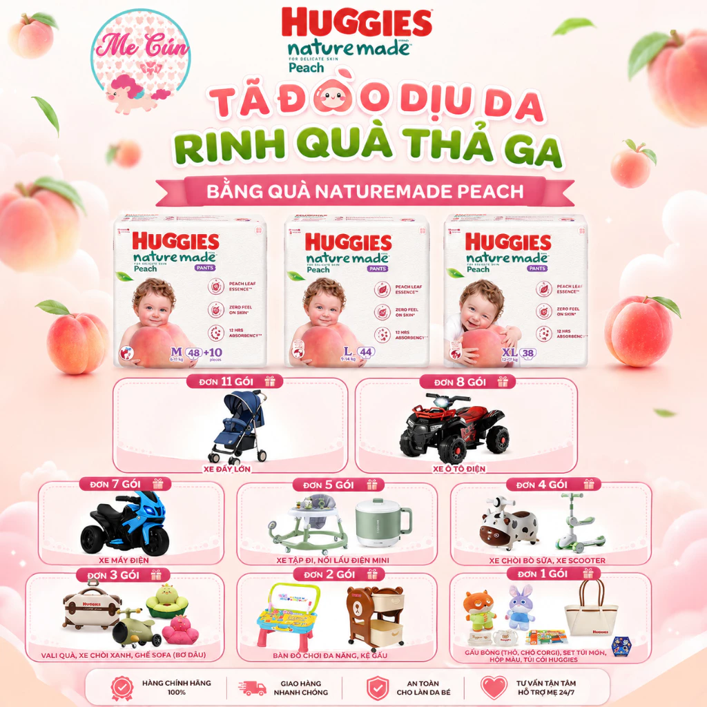 (Tặng quà) Tã quần Huggies Nature Made Peach M58, L44, XL38, XLX26 phiên bản đặc biệt chứa tinh chất lá đào, nâng niu da