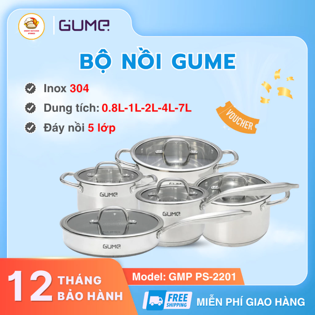 Bộ Nồi Chảo GUME 5 Món Đa Năng Cao Cấp, Bộ Nồi Inox 5 Đáy GUME Dùng Cho Mọi Loại Bếp - Smart Kitchen Stores