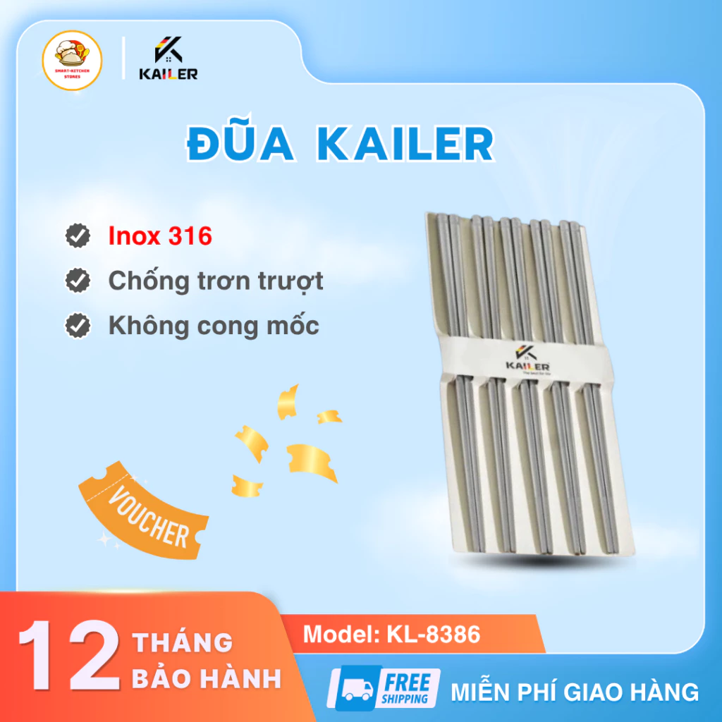 Hộp 10 Đũa Ăn Cơm Inox 316 - Đũa Inox Chống Trượt Kailer Cao Cấp Chống Mốc, Chống Trơn Trượt - Smartkitchen Store