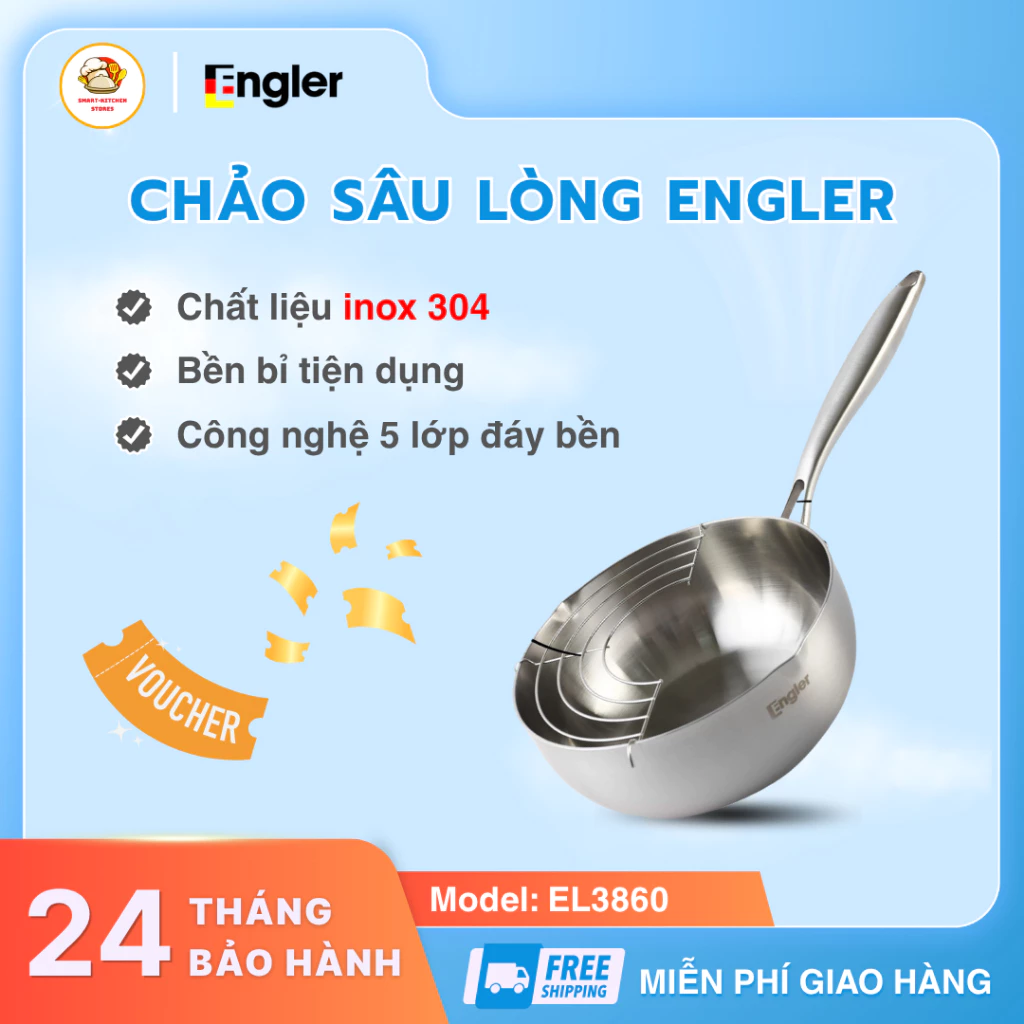 Chảo sâu lòng Engler EL3860, chảo inox 304 nguyên khối tay dùng cho mọi loại bếp - Smartkitchen Store