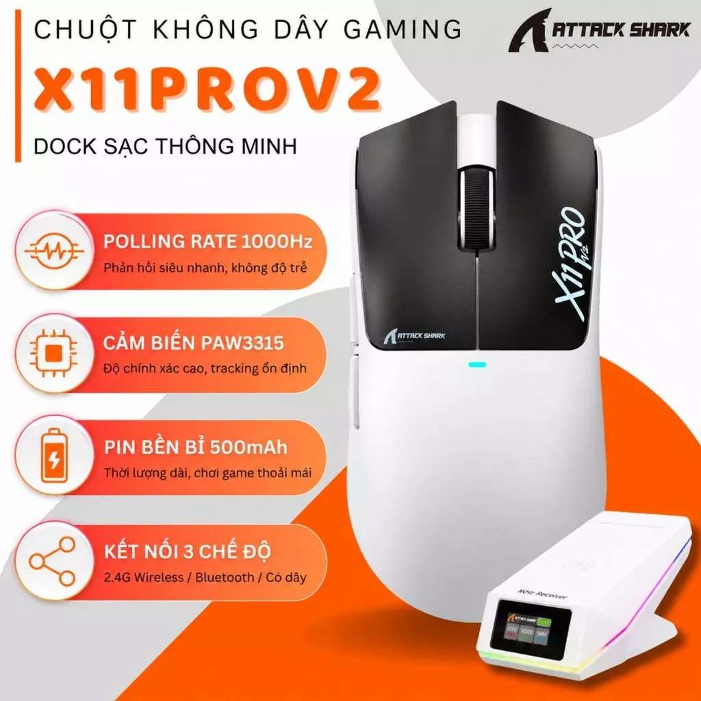 Chuột Gaming Không Dây Attack Shark X11 Pro V2 - Dock Sạc TFT, PAW3315 30K DPI, 1000Hz, 3 Mode