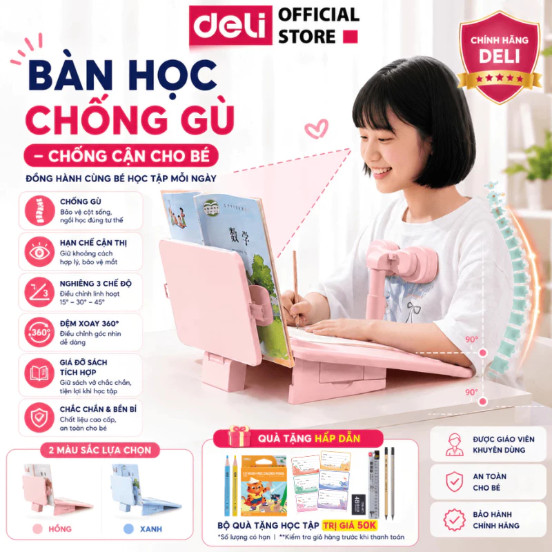 [MUA 3 GIẢM 30%] Bàn Học Thông Minh Deli Bàn Học Chống Gù 3 Chế Độ 9/12/15° Điều Chỉnh Tư Thế Ngồi Chống Gù Chống Cận