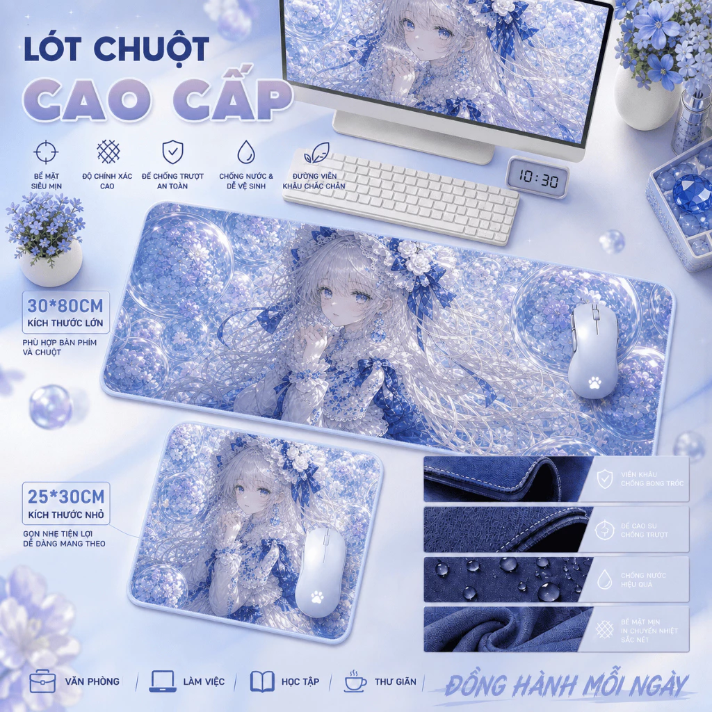 Bàn di chuột tiên nữ băng giá, họa tiết hoa trong bóng, chống nước, trang trí bàn đẹp, size 80*30 & 25*30.