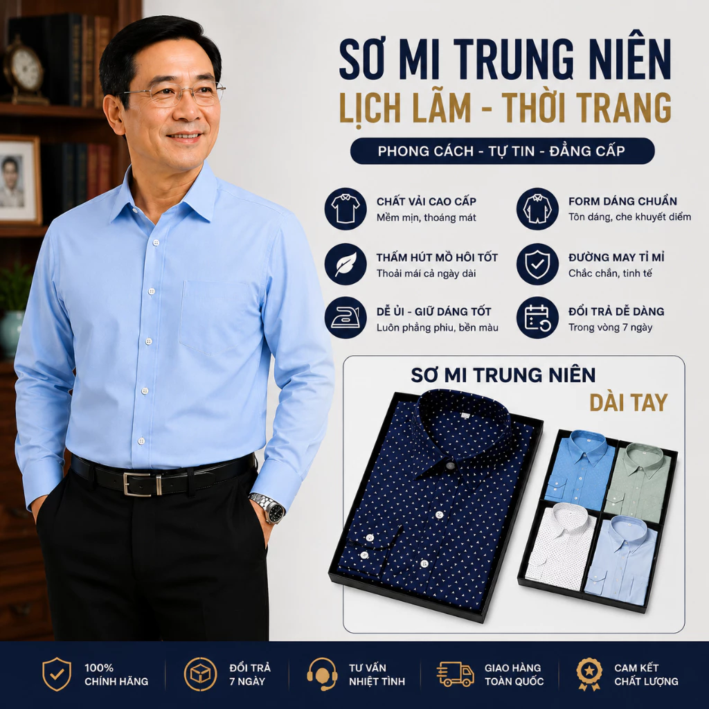 Áo Sơ Mi Nam Trung Niên Dài Tay GENALPHA Vải Lụa Co Giãn Form Rộng Nhã Nhặn Sang Trọng GEN44
